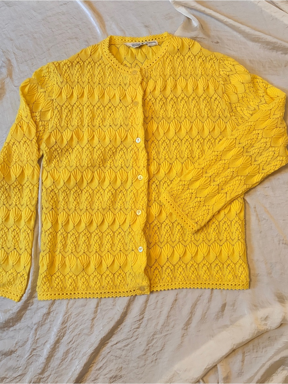 Bright Yellow Openwork Vintage Button-Up Cardigan.
